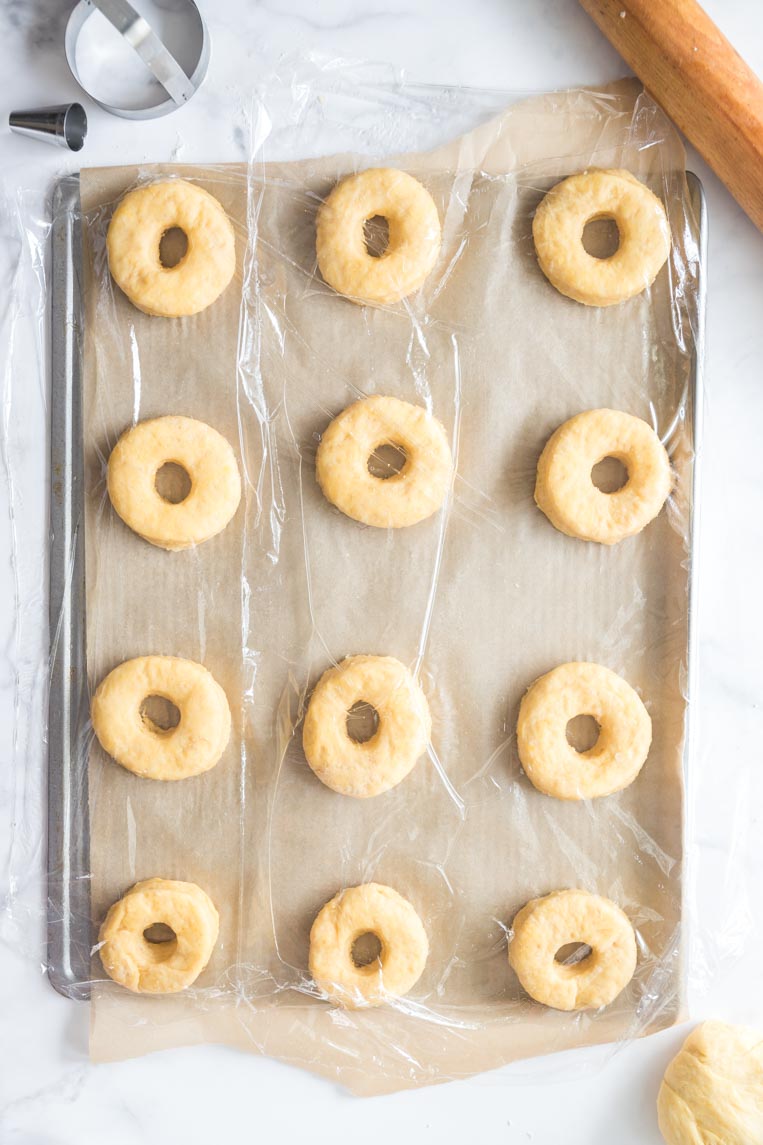 a tray of cut out donuts rising under plastic wrap 